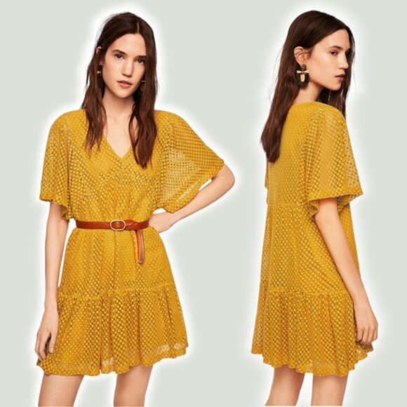 MANGO Mustard Yellow Lace  Drop-Waist Dress Sz XS - Picture 1 of 4
